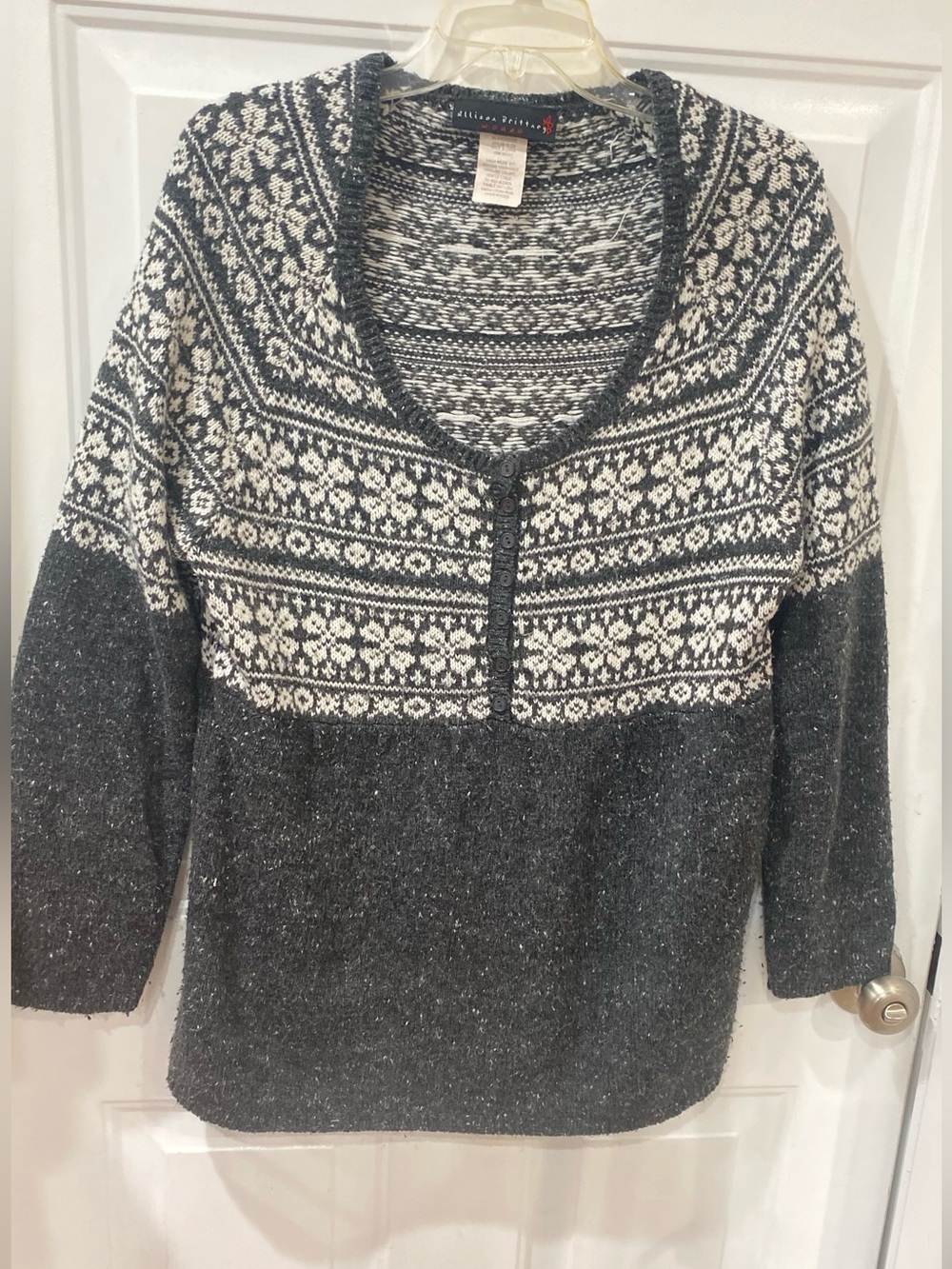 Allison Brittney Charcoal and Cream Fair Isle Scoop Neck Sweater size 14/16